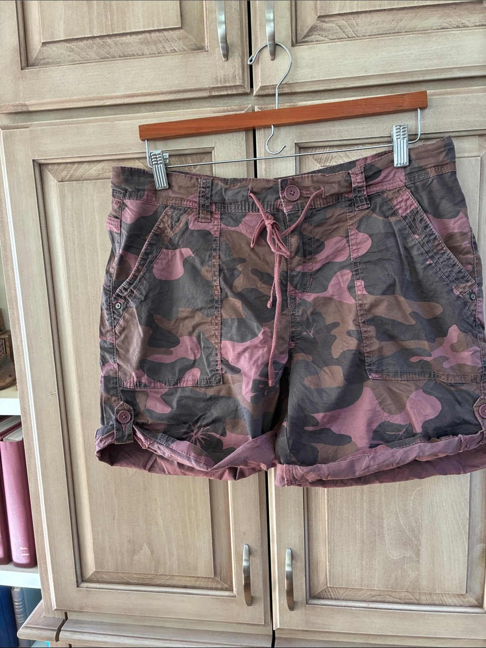 Women's Pink & Brown Camo Cargo Shorts with Drawstring Waist